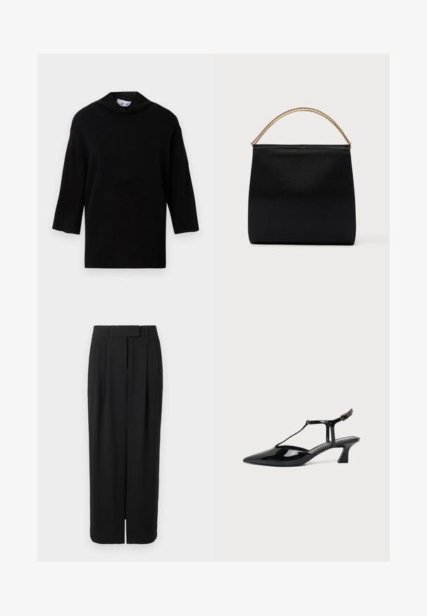 Sort strikket sweater med høj krave og korte, brede ærmer. Glat tekstur, minimalistisk design og boksformet silhouette.; Sorte brede bukser med høj talje, en frontploo, bæltestropper og skjult lukning på hvid baggrund.; Sort laklæder spids tå slingback sko med T-rem og lav skrå blokhæl på hvid baggrund.; Sort taske lavet af glat stof, med en struktureret form, et håndtag med guld kæde og et minimalistisk geometrisk design.