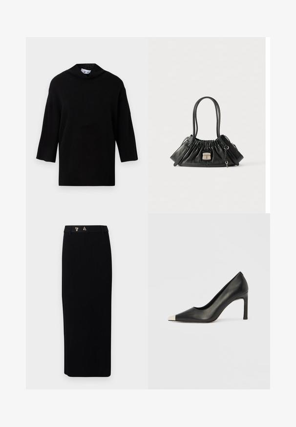 Pull en tricot noir avec un col haut et des manches courtes et larges. Texture lisse, design minimaliste et coupe carrée.; AERON FORUM - Jupe crayon - black; Chaussure à talon haut en cuir noir avec bout pointu et capuchon argenté métallique. Présente une finition lisse et un talon fin de 10 cm.; Sac à main en cuir noir avec un haut froncé, deux bretelles, des compartiments latéraux zippés et un fermoir en argent portant l'étiquette "Marc Jacobs" avec un petit charme en forme de clé.