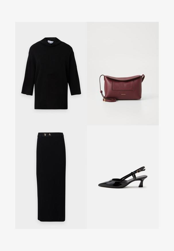 Sort strikket sweater med høj krave og korte, brede ærmer. Glat tekstur, minimalistisk design og boksformet silhouette.; AERON FORUM - Pencil skirt - black; Sort laklæderslingback med lille hæl, spids tå og justerbar guldlåsrem på hvid baggrund.; Burgunderrød læder crossover-taske med klaplukning, tekstureret overflade, for- lomme og aftagelig rem. Logo prægede foran.