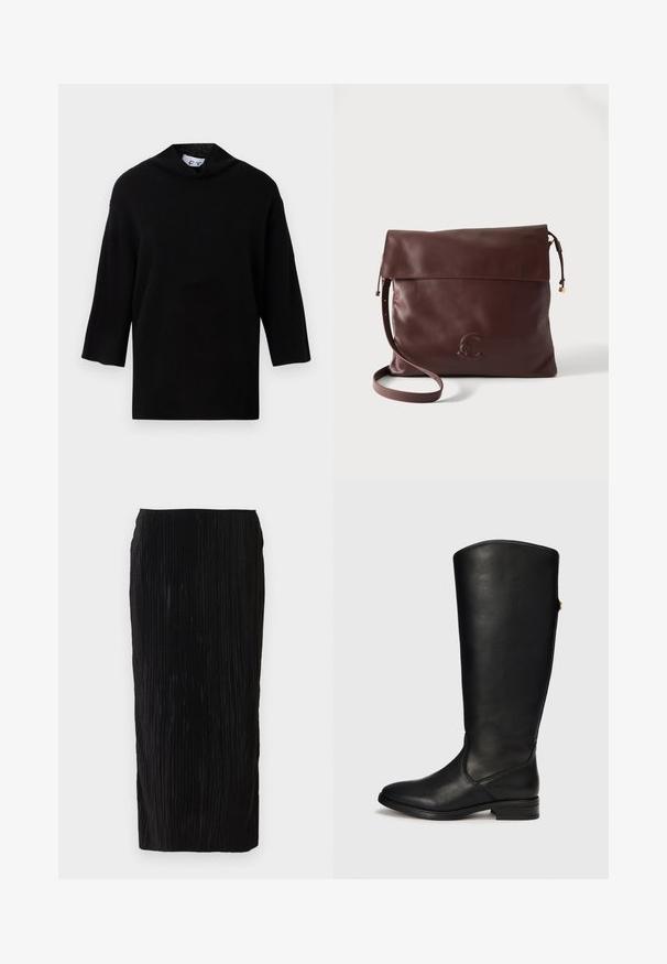 Sort strikket sweater med høj krave og korte, brede ærmer. Glat tekstur, minimalistisk design og boksformet silhouette.; Sort plissee midi-nederdel lavet af tekstureret stof, med en tætsiddende silhuet og elastisk talje for komfort. Ingen synlige hardware eller detaljer.; Sort knæhøj læder støvle med rund tå, minimal syning og en lille hæl. Glat tekstur og et rent, enkelt design.; Mørkebrun læder skuldertaske med klaplukning, justerbar rem og præget logo foran mod en ensartet lys baggrund.