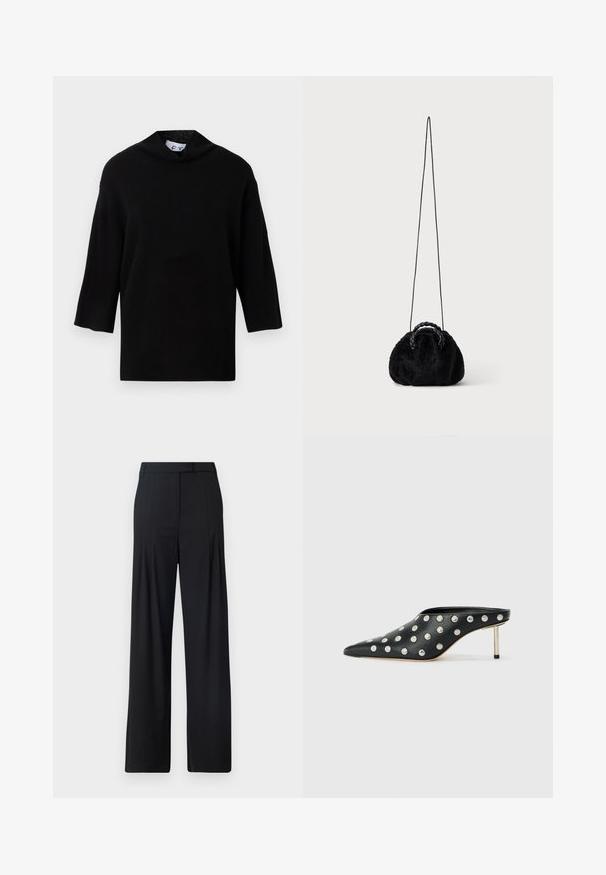 Sort strikket sweater med høj krave og korte, brede ærmer. Glat tekstur, minimalistisk design og boksformet silhouette.; Sorte bredde benbukser med flad front, folder og en skræddersyet talje. Lavet af glat, letvægtsstof.; STAND STUDIO KELSEY - Mules med hæl - black; Lille sort taske i kunstpels med flettede top-håndtag og lang tynd skulderrem på ensfarvet baggrund.