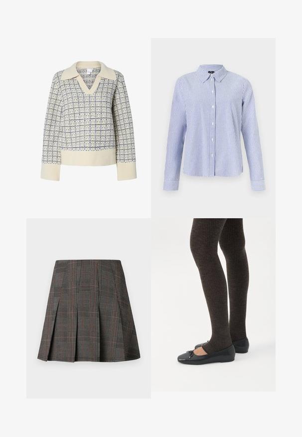 Pull crème avec un col en V et un col large, présentant un motif à carreaux bleu. Poignets et ourlet côtelés, tissu texturé.; Chemise à manches longues boutonnée, avec des rayures verticales blanches et bleu clair et un col pointu, présentée sur un fond uni.; Jupe à carreaux gris avec des plis, ornée de motifs complexes en noir et blanc, accentuée par de fines lignes rouges. Fabriquée dans un tissu structuré.; Jambes portant des leggings côtelés foncés associés à des ballerines noires avec de petits détails en nœud sur fond blanc.