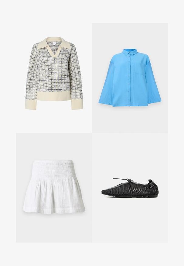 Crème trui met een V-hals en brede kraag, voorzien van een blauw ruitpatroon. Geribbelde manchetten en zoom, textuurstof.; Lichtblauwe blouse met lange mouwen en knoopsluiting, met een kraag en een enkele borstzak, tegen een effen witte achtergrond. ; Witte katoenen minirok met gerimpeld elastisch taillebandje en geplooide uitlopende zoom tegen een effen achtergrond.; Zwarte mesh instapschoen met dunne zool en verstelbare veter bovenaan gestrikt, in profiel getoond tegen een witte achtergrond.