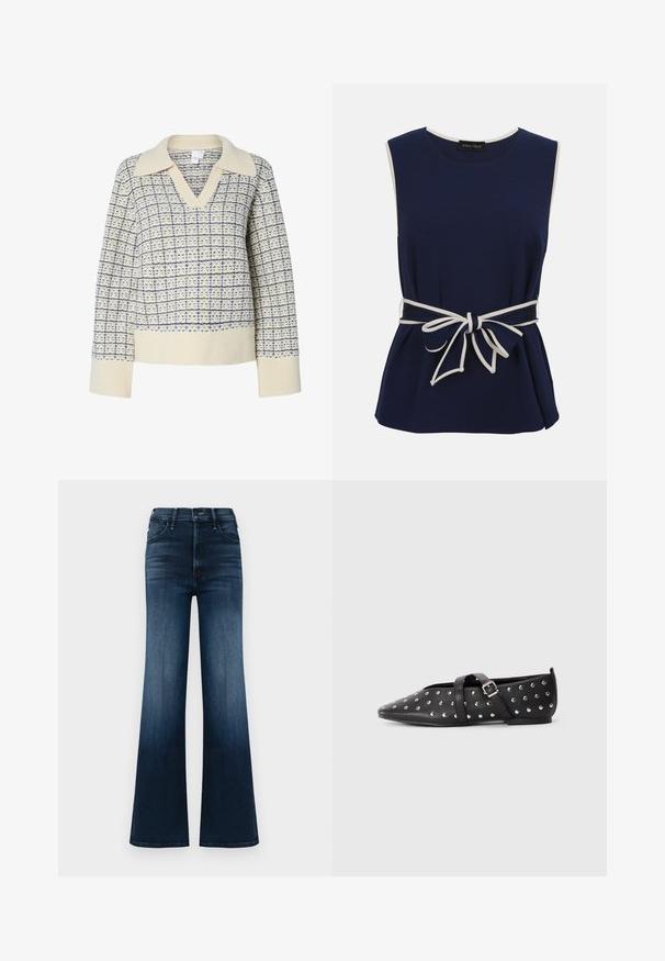 Cremefarvet sweater med V-hals og bred krave, med et blåt rutemønster. Ribstrikkede manchetter og kant, struktureret stof.; Ærmeløs navyblå bluse med hvid kant langs kanterne og et matchende bælte med hvid kant bundet i en sløjfe ved taljen.; Denim flare jeans, mørkeblå med en gradient fading. Har fem lommer og en traditionel knap- og lynlåslukning. Glat tekstur.; Sort spids flad sko med sølvnitter og justerbar krydsrem med spænde, minimal hæl, på plain lys baggrund.