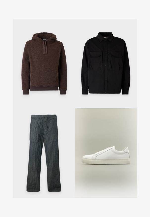 Pruun fliistee hoodie tekstuuriga pinnaga, esikott, nööriga kapuuts ja soonikused varrukad. Pehme, soe kangas ja lõdva istuvusega.; Jack & Jones JCOHELVETICA PARACHUTE OVERSHIRT - Pluus - black; Tumedat hallid laiad püksid vertikaalsete triipudega, suured eesmine taskud, vöökohal aasad ja eesmine lukuga lend.; Vagabond PAUL 2.0 - Tossud - white