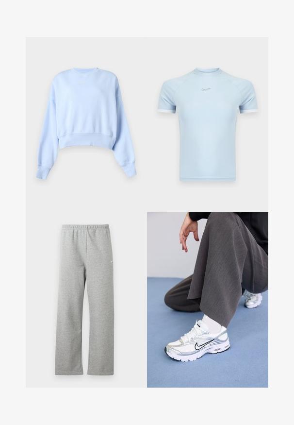 Lyseblå cropped sweatshirt med lange ærmer, ribstrikkede manchetter og kant samt lille hvid Nike-logo på brystet mod en ensfarvet baggrund.; Lyseblå atletisk t-shirt med korte ærmer lavet af glat stof. Har rund halsudskæring og subtilt Nike-logo på brystet med hvide detaljer.; Lysegrå joggingbukser med elastisk talje og lille hvidt Nike-logo på øverste lår, vist fladt mod en hvid baggrund.; Hvide og sølv atletik sko med meshej og syntetiske materialer, der har sorte accentlinjer, snørebånd og strukturerede såler.