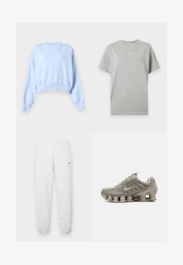 Lyseblå cropped sweatshirt med lange ærmer, ribstrikkede manchetter og kant samt lille hvid Nike-logo på brystet mod en ensfarvet baggrund.; Grå kortærmet bomuld T-shirt med rund hals og lille hvid Nike swoosh logo centreret på brystet.; Lysegrå Nike joggingbukser med elastisk taljebånd, tilspidsede manchetter og et lille sort logo på venstre lår. Blødt, tekstureret stof.; Lysebeige Nike Shox sneaker med synligt søjleformet støddæmpende sål og mesh-detaljer på overdelen.