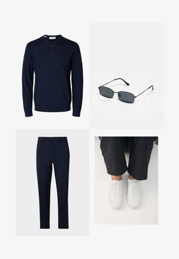 Marineblauer Langarmpullover mit Rundhalsausschnitt, gerippten Bündchen und Saum, gefertigt aus feinem Strickstoff.; Dunkelblaue gerade geschnittene Hose mit Knopf- und Reißverschluss, Gürtelschlaufen und ohne sichtbare Taschen, dargestellt auf hellem, einfarbigem Hintergrund.; Weiße Ledersneaker mit glatter Textur, runder Zehenform und klassischem Schnürsystem, platziert über dunklen, locker sitzenden Hosen.; Schwarze rechteckige Sonnenbrille mit dünnem Metallrahmen und dunklen Gläsern, die auf einer weißen Oberfläche liegt.