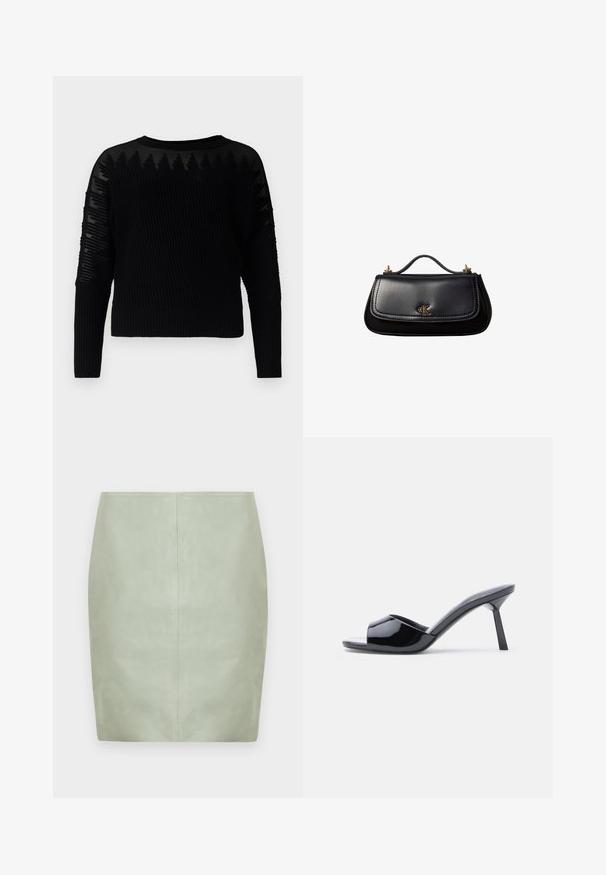 Pull en tricot noir avec une texture côtelée et des accents transparents à motifs sur les manches. Encolure ras du cou et manches longues, doté d'un design court.; Mini jupe en cuir vert menthe à coupe slim, avec un design épuré et une couture centrale au dos. Texture lisse, sans accessoires visibles.; Sandales à talons ouverts en cuir verni noir, avec un design supérieur incurvé et un talon aiguille effilé. Finition lisse et brillante.; Sac à main en cuir noir avec une petite poignée, logo "cK" doré sur le rabat avant, et accessoires dorés.