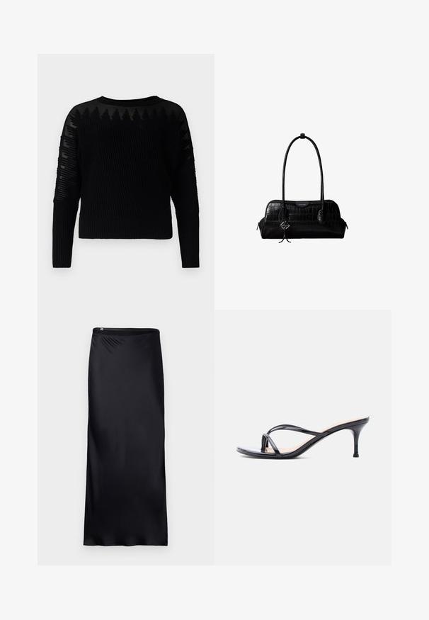 Pull en tricot noir avec une texture côtelée et des accents transparents à motifs sur les manches. Encolure ras du cou et manches longues, doté d'un design court.; Jupe noire, longue jusqu'au sol, fabriquée à partir d'un tissu lisse et léger. Présente un design simple avec une taille sans couture et un détail de fermeture éclair.; Sandale à talon en cuir verni noir avec fines lanières croisées et talon aiguille moyen et élancé sur fond blanc.; Sac à épaule en cuir noir à texture crocodile, avec de longues sangles et un petit charm logo argenté sur une sangle.