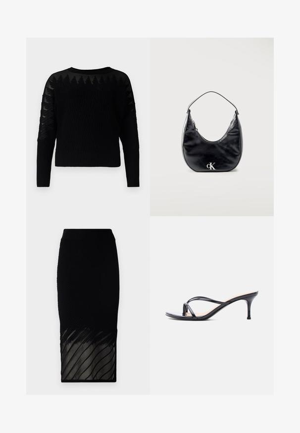 Pull en tricot noir avec une texture côtelée et des accents transparents à motifs sur les manches. Encolure ras du cou et manches longues, doté d'un design court.; Jupe noire avec une texture côtelée, présentant un bas transparent avec des rayures horizontales. Le design est près du corps, s'étendant jusqu'à mi-mollet.; Sandale à talon en cuir verni noir avec fines lanières croisées et talon aiguille moyen et élancé sur fond blanc.; Sac à main en cuir noir en forme de croissant avec une sangle courte et un logo "cK" argenté sur le devant, fermeture éclair en haut.