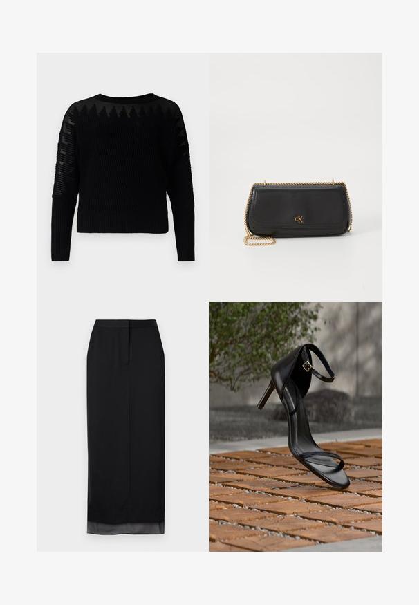 Pull en tricot noir avec une texture côtelée et des accents transparents à motifs sur les manches. Encolure ras du cou et manches longues, doté d'un design court.; Jupe longue noire en tissu lisse. Elle présente une silhouette droite avec un ourlet légèrement transparent, une taille ajustée et un détail fendu à l'arrière.; Sandale noire à talon haut avec sangle à la cheville, suspendue au-dessus d'un sol en carreaux de bois à l'extérieur, avec un arrière-plan flou de verdure et de pierre.; Pochette en cuir noir avec une texture lisse, de forme rectangulaire, dotée d'une bandoulière en chaîne dorée et d'un logo embossé sur le devant.