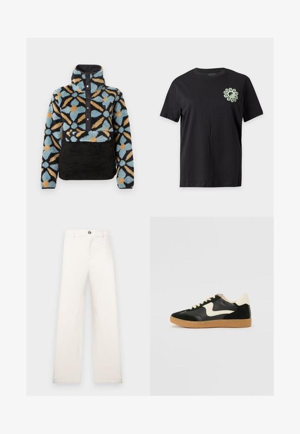 Pull polaire avec col montant, présentant un motif floral bleu, noir et orange, fermeture avant à pression et partie inférieure texturée noire.; T-shirt noir à manches courtes avec un petit symbole yin-yang vert clair entouré d’un motif tourbillonnant sur le haut gauche de la poitrine.; Pantalon beige à jambe large en tissu texturé. Comprend une fermeture à boutons à l'avant et des passants pour ceinture. Design simple et épuré sans motifs.; Baskets en daim et cuir noir avec un swoosh latéral crème et un talon crème clair. Dotées de lacets beige et d'une semelle en caoutchouc gomme.