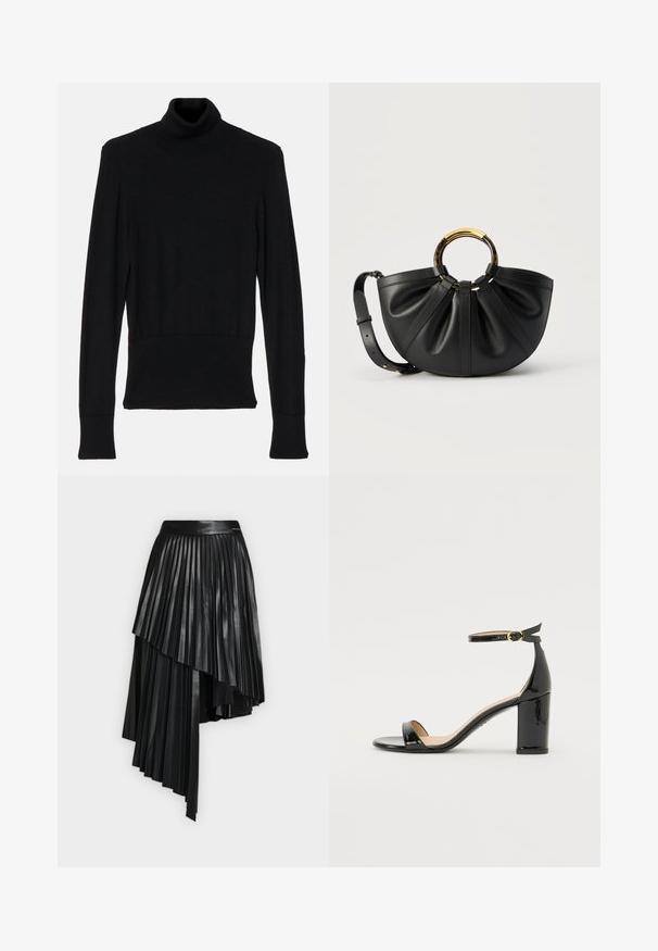 AERON TENDER LONG SLEEVED - Džemper - black; Mustast asümmeetriline voltidega seelik, kihtide ja siledaga vöökohaga, valmistatud läikivast nahka meenutavast materjalist.; Mustad lakk-nahast kõrgete kontsadega sandaalid pahlapaelaga ja kuldse pandlaga, avatud varbaosaga ning plokktallaga valgel taustal.; Mustast nahast käekott volditud detailidega, kuldse ja kilpkonnakujulise ringikujulise sangaga ning reguleeritava õlarihmaga valgel taustal.