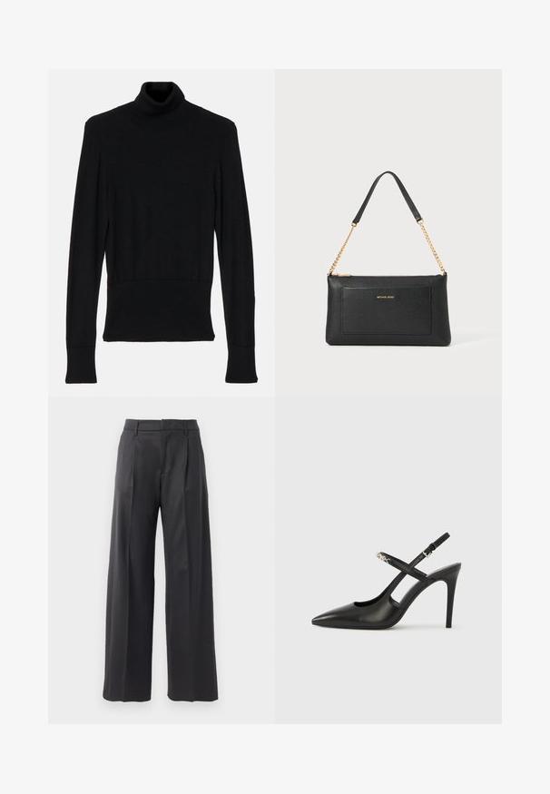 AERON TENDER LONG SLEEVED - Svetrík - black; Čierne široké nohavice s prehybmi, vyrobené z hladkej tkaniny. Majú prispôsobený pás a čisté línie, vhodné na formálne príležitosti.; Čierne lodičky na vysokom podpätku s remienkom zo zadnej strany, špicatou špičkou, dizajnom s výrezmi a nastaviteľným remienkom s kovovými detailmi.; Čierna kožená kabelka s textúrou kamienkov, zlatým reťazovým popruhom a prednou vreckou. Na prednej strane sa nachádza zlaté logo.