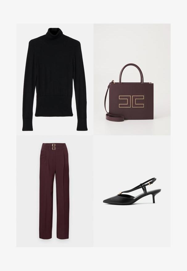 AERON TENDER LONG SLEEVED - Striktrøje - black; Højtaljede mørk bordeauxbukser med to gyldne spænder øverst og et lige ben fit.; Sort læder slingback kitten heel med spids tå, slank T-rem, justerbar spænde og lille guldfinish på remmen.; Burgundy læder håndtaske med guld logo detalje, struktureret form, korte håndtag og en aftagelig skulderrem. Tekstureret overflade.