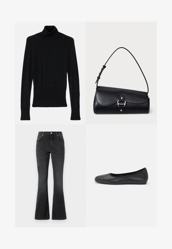 AERON TENDER LONG SLEEVED - Strickpullover - black; CLOSED JOVANNA - Jeans Slim Fit - dark grey; Schwarze Leder-Ballettschuhe mit abgerundeter Spitze, glatter Textur, minimalen Nähdetails und einem flexiblen Sohlen-Design.; Schwarze Lederhandtasche mit geschwungenem Design, silberner Hardware, Schnallenverschluss und verstellbarem Schultergurt. Glatte Textur.