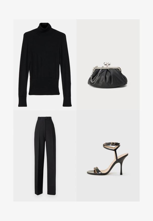 AERON TENDER LONG SLEEVED - Jersey de punto - black; Pantalones negros de talle alto con pliegues, que presentan un diseño a medida y piernas rectas. Confeccionados con un tejido suave, con un detalle mínimo.; Sandalia de tacón alto de charol negro con tira delgada en el tobillo y hebilla, punta abierta y tacón aguja esbelto sobre fondo blanco.; Clutch de cuero negro con textura arrugada, marco de metal en tono plateado, cierre de beso y cadena para colgar. Superficie suave y lisa.