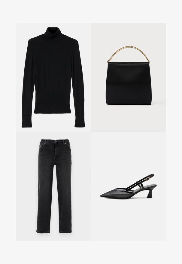 AERON TENDER LONG SLEEVED - Striktrøje - black; Sorte denim jeans med lige pasform. Har en knaplukning, fem-lomme design og minimale syninger. Glat tekstur.; Sort spids tå slingback-sko med mesh-øverdel, tynde stropper, guldlås og lav buet hæl på hvid baggrund.; Sort taske lavet af glat stof, med en struktureret form, et håndtag med guld kæde og et minimalistisk geometrisk design.