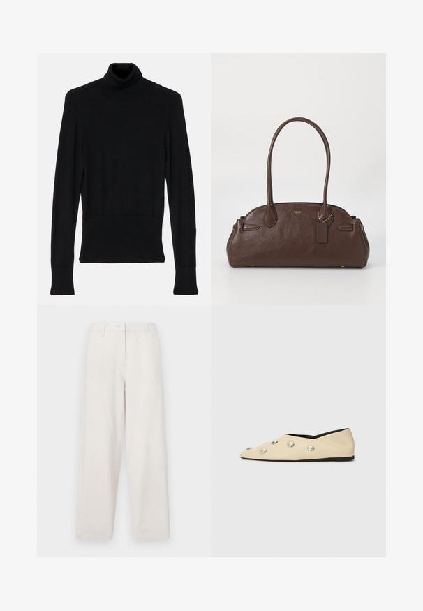 AERON TENDER LONG SLEEVED - Strickpullover - black; Beige Baumwollhosen mit geradem Bein, ausgestattet mit einem Knopfverschluss, Vordertaschen und einem sauberen Abschluss an den Säumen.; CLOSED Klassischer Ballerina - ecru; Braune Lederhandtasche mit glatter Textur, runder Form und doppelten Griffen. Enthält ein goldenes Logo und einen kleinen angehängten Anhänger.