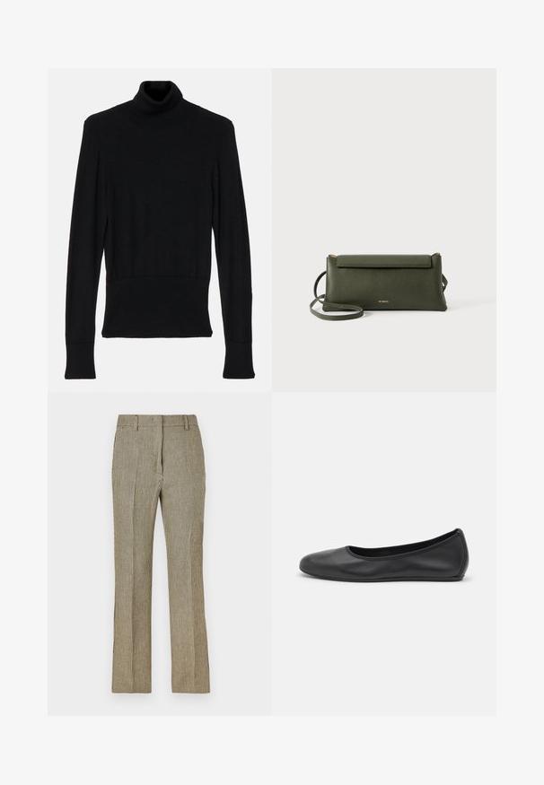AERON TENDER LONG SLEEVED - Strickpullover - black; Beige und schwarze karierte Anzughose mit geradem Bein, ausgestattet mit Gürtelschlaufen und Seitentaschen, aus einem glatten Stoff gefertigt.; Schwarze Leder-Ballettschuhe mit abgerundeter Spitze, glatter Textur, minimalen Nähdetails und einem flexiblen Sohlen-Design.; Dunkelgrüne, strukturierte Leder-Crossbody-Tasche mit Klappenverschluss und dünnem verstellbarem Tragegurt, geprägt mit kleinem goldenen "Bee Projects"-Logo.