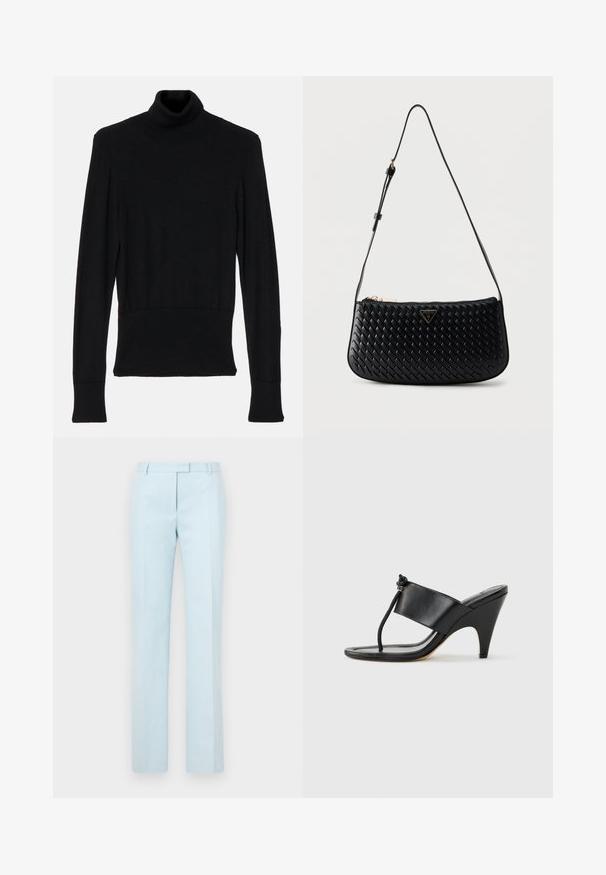 AERON TENDER LONG SLEEVED - Strickpullover - black; Helle blaue, taillierte Hose mit geraden Beinen, flacher Vorderseite und Gürtelschlaufen. Aus glattem Stoff gefertigt, mit subtiler Textur und klaren Linien.; Schwarze Sandalette mit hohem Absatz, breitem Vorderriemen und Zehenschlaufe mit einer geknoteten Kordel als Detail, seitlich auf weißem Hintergrund dargestellt.; Schwarze geflochtene Leder-Umhängetasche mit verstellbarem Riemen und goldfarbenem Guess-Logo vorne in der Mitte.