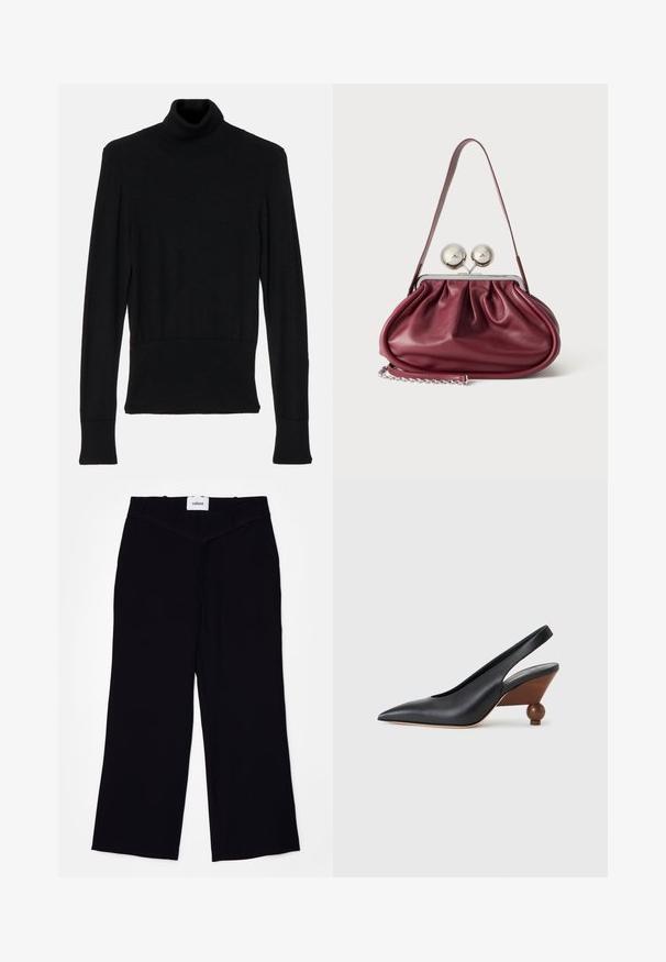 AERON TENDER LONG SLEEVED - Jersey de punto - black; Pantalones de pierna ancha negros, confeccionados con una tela suave. Presentan una cinturilla plana con pasadores para cinturón y un acabado limpio en los dobladillos.; Zapato slingback negro de punta puntiaguda con tacón cuadrado redondeado de madera y parte superior de cuero liso sobre un fondo gris claro.; Pequeño bolso de mano de cuero burdeos con detalles fruncidos, una correa fina y un cierre de plata con dos grandes pomos redondos.