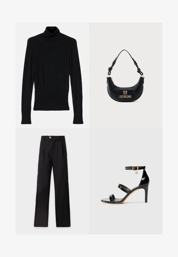 AERON TENDER LONG SLEEVED - Strickpullover - black; Schwarze, weit geschnittene Hose mit hohem Bund, vorderen Falten, Gürtelschlaufen und einem einzelnen goldenen Knopfverschluss.; Schwarze Lackleder-Sandale mit drei Riemen, Knöchelriemen und 10 cm hohen Stiletto-Absatz. Verfügt über goldfarbene Hardware-Details und ein Logo-Charm.; Schwarze Halbmond-Handtasche mit geknotetem Griff und goldener "Love Moschino" Logo-Plakette vorne, Reißverschluss oben.