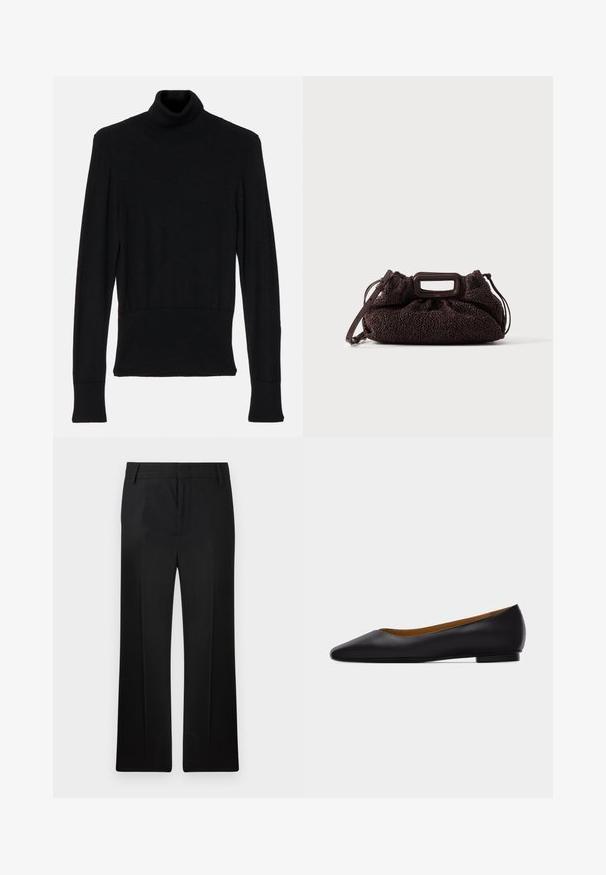 AERON TENDER LONG SLEEVED - Svetrík - black; Čierne nohavice, strih rovného nohu, vyrobené z hladkej tkaniny. Obsahujú jemné predné pľúca a plochý pás s pútkami na opasok.; Čierna kožená dámska obuv s ostrou špičkou, nízkym podpätkom a hladkým povrchom, zobrazená z boku na svetlošedom pozadí.; Tmavohnedá textúrovaná kabelka s obdĺžnikovým výrezom na rukoväť a odnímateľným ramenným popruhom na jednofarebnom svetlom pozadí.