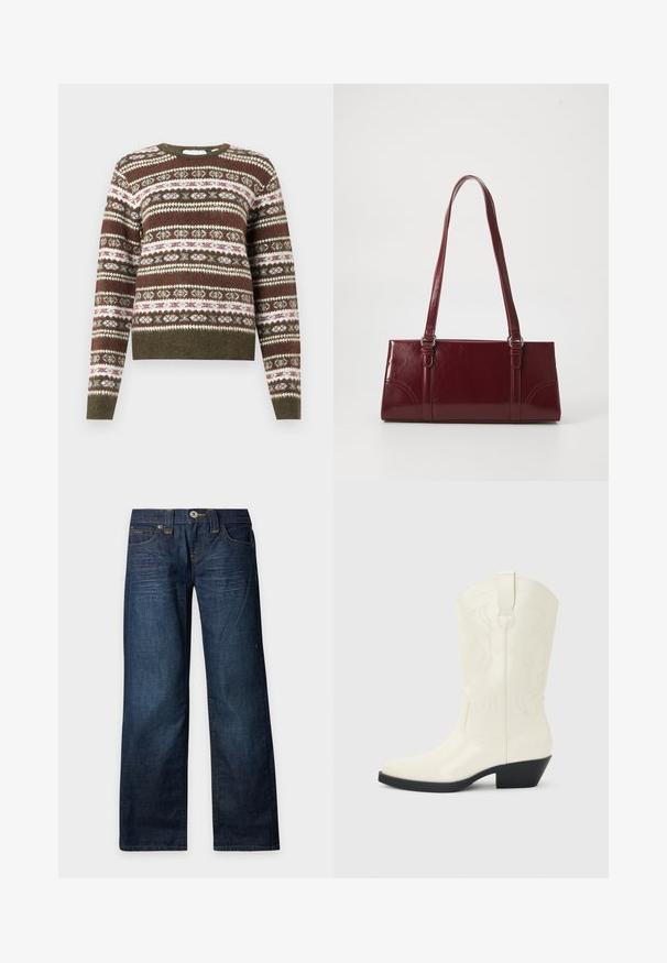 Strikket sweater med lange ærmer, der har et horisontalt Fair Isle mønster i olivengrønne, hvide og burgunder nuancer, med ribbede manchetter og kant.; Mørkeblå jeans med lige ben, falmede detaljer, knap- og lynlåslukning og fem-lomme design på en ensartet lys baggrund.; Hvid western-støvle til midt på læggen med spids tå, sort stablet hæl, dekorative sømme og trækflap på skaftet.; Bordeaux håndtaske lavet af glansfuldt materiale, rektangulær form, med to skulderremme og subtile buede detaljer på forsiden.