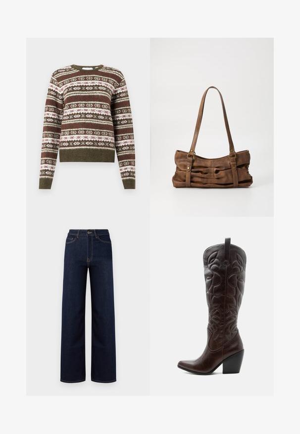 Strikket sweater med lange ærmer, der har et horisontalt Fair Isle mønster i olivengrønne, hvide og burgunder nuancer, med ribbede manchetter og kant.; Mørkeblå bredbenede jeans lavet af denim, med høj talje, fire lommer og kontrastfarvet syninger langs sømmene.; Høj mørkebrun læder cowboystøvle med syede dekorative mønstre, spids tå og stablet blokhæle.; Even&Odd by Zalando Håndtasker - brown