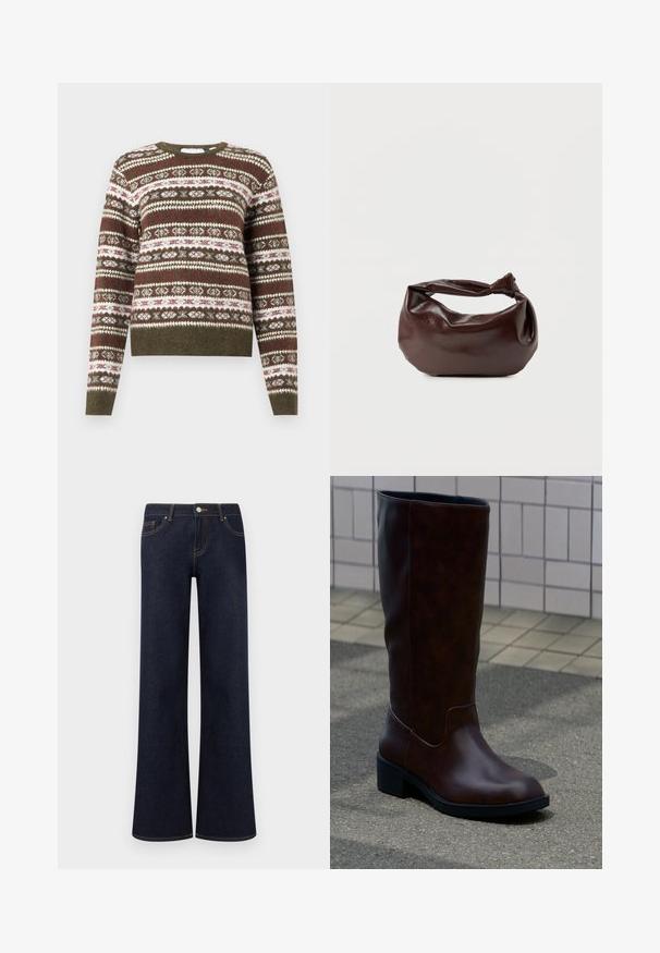 Strikket sweater med lange ærmer, der har et horisontalt Fair Isle mønster i olivengrønne, hvide og burgunder nuancer, med ribbede manchetter og kant.; Mørkeblå vidde denimjeans med forlommer, knap- og lynlåslukning samt synlige kontrastsyninger.; Mørkebrun læderstøvle til midt på læggen med rund tå og lav blokhæl, der står på fortov nær flisebelagt væg.; Mørkebrun læder skuldertaske med en blød, afslappet form og et snoet knudehåndtag på en ensartet hvid baggrund.
