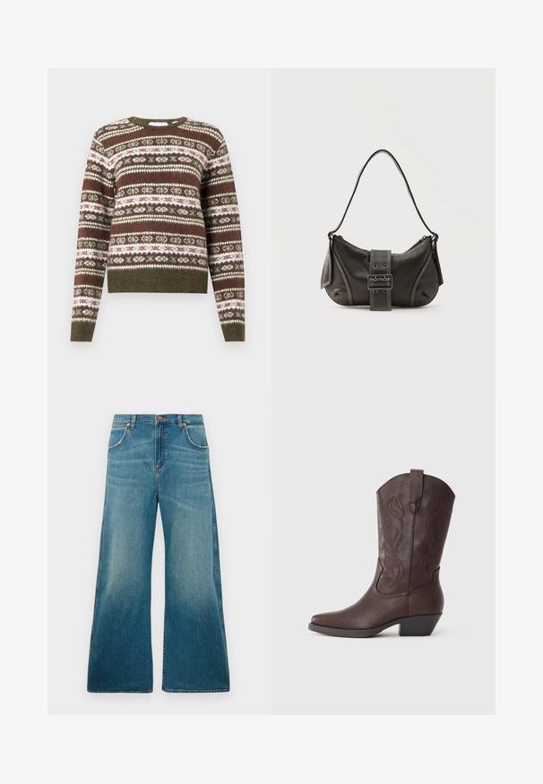 Strikket sweater med lange ærmer, der har et horisontalt Fair Isle mønster i olivengrønne, hvide og burgunder nuancer, med ribbede manchetter og kant.; Højtaljede blå denimjeans med brede ben, frontlommer, knaplukning og en falmet farvegradient fra talje til kant.; Brun lædercowboystøvle med spids snude, dekorative syninger på skaftet og en lav, stablet hæl. Glat tekstur og buet design.; Sort læder skuldertaske med spænde på remmen, afrundede kanter og kontrasterende hvide syninger på en ensfarvet baggrund.