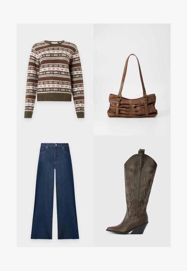 Strikket sweater med lange ærmer, der har et horisontalt Fair Isle mønster i olivengrønne, hvide og burgunder nuancer, med ribbede manchetter og kant.; Mørkeblå vidde jeans i denim med knapper foran og lommer, vist mod en ensfarvet lys baggrund.; Brune læder cowboystøvle med spids tå, kilehæl og dekorativ broderi. Har en høj stok og en trækflap.; Even&Odd Håndtasker - brown