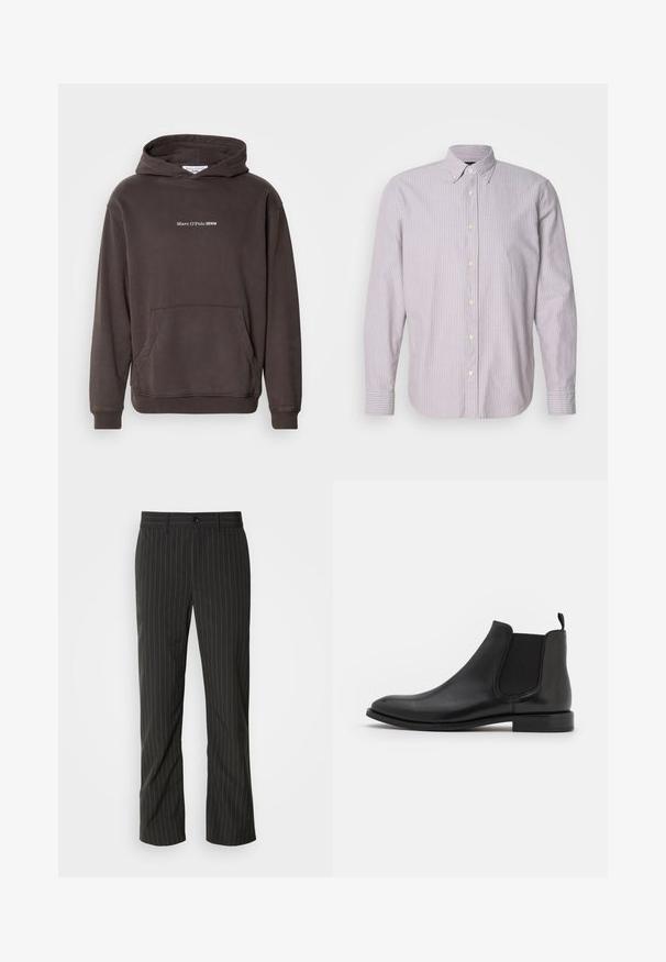 Hoodie brun avec une poche avant, des poignets et un ourlet côtelés. Présente un texte de logo blanc "Marc O'Polo DENIM" sur la poitrine. Matière douce.; Chemise à manches longues en coton, rayée violet clair et blanc, avec un col boutonné, des boutons jaunes et des fentes sur les côtés.; Pantalons noirs à rayures fines avec une coupe droite. Présente une texture lisse, une fermeture à bouton à l'avant et des passants de ceinture.; Bottine Chelsea en cuir noir avec des panneaux latéraux élastiques, un bout arrondi et un petit talon. Texture lisse avec un design minimaliste.
