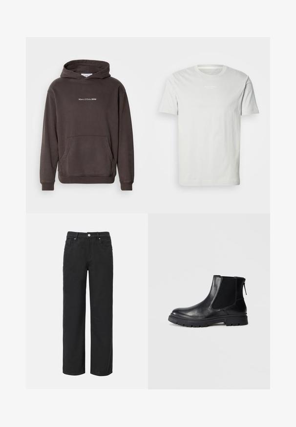 Hoodie brun avec une poche avant, des poignets et un ourlet côtelés. Présente un texte de logo blanc "Marc O'Polo DENIM" sur la poitrine. Matière douce.; T-shirt en coton blanc à manches courtes, col rond et petit logo sur la poitrine. Texture douce et coupe classique. Pas de motifs.; Pantalons larges noirs en coton avec quatre poches, fermeture à bouton à l'avant et un design en denim classique. Texture lisse, sans motifs visibles.; Bottine en cuir noir avec une finition lisse, des panneaux latéraux en maille élastique et une semelle robuste avec un motif de crampons visible.
