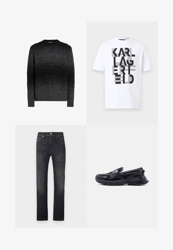 Sort strikket sweater med rund halsudskæring, der har et struktureret kabelstrik mønster, ribbede manchetter og kant, som gradvist mørkner fra mørkegrå til sort.; Hvid kortærmet t-shirt med fed sort tekst "KARL LAGERFELD" arrangeret vertikalt med vandrette stribede accenter på en ensfarvet baggrund.; Mørkegrå denimjeans med lige pasform, der har fem lommer, knaplukning og subtile falmede detaljer langs benene.; Sort slip-on sneaker med tyk tekstureret sål og meshpaneler, designet til afslappet og atletisk brug.