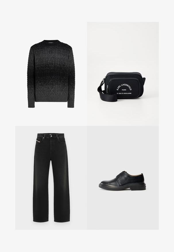 Sort strikket sweater med rund halsudskæring, der har et struktureret kabelstrik mønster, ribbede manchetter og kant, som gradvist mørkner fra mørkegrå til sort.; Sorte vidde jeans lavet af denim, med høj talje, forlommer og en subtil falmet tekstur, samt en klassisk knaplukning.; Sorte læder oxford sko med rund tå, snørebånd foran og lav, stablet hæl på lys baggrund.; Sort nylon crossover taske med hvid tekst og branding, der har en lynlåslomme og justerbar rem. Firkantet form med glat struktur.
