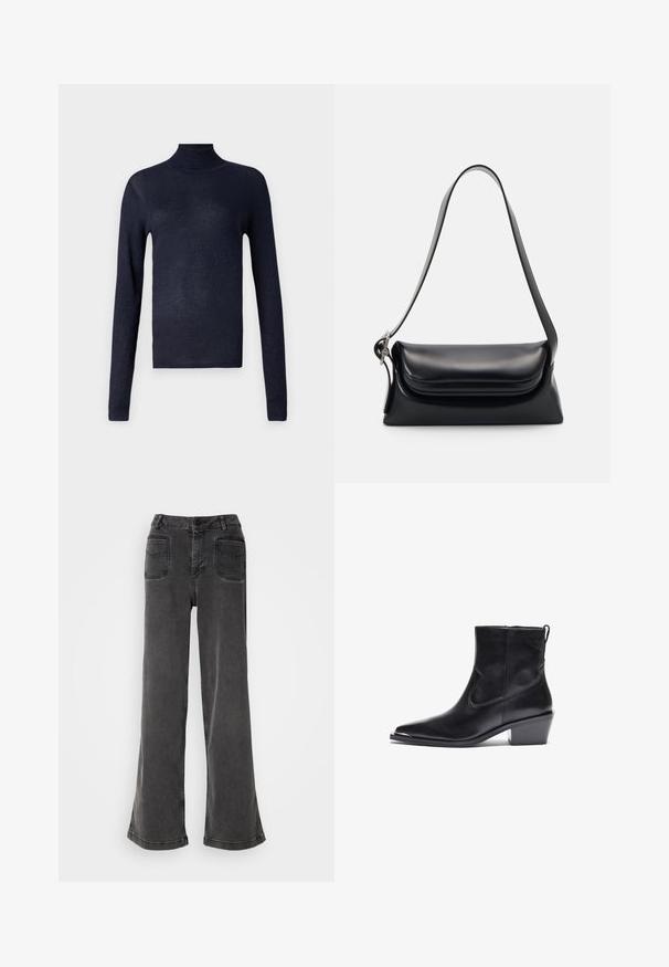 Pull à col roulé navy à manches longues, texture côtelée et légère brillance. Design ajusté, tissu doux et sans matériel ou accents visibles.; Jean noir taille haute à jambes larges en denim, avec une fermeture à bouton, des passants de ceinture et deux poches arrière avec des accents cousus.; Botte de cheville en cuir noir avec un bout pointu et un petit talon carré. Présente une fermeture éclair latérale et des détails de couture minimaux pour un design épuré.; Sac à main en cuir noir avec une forme structurée, une texture lisse et une seule bandoulière. Présente un design de rabat arrondi et subtil.
