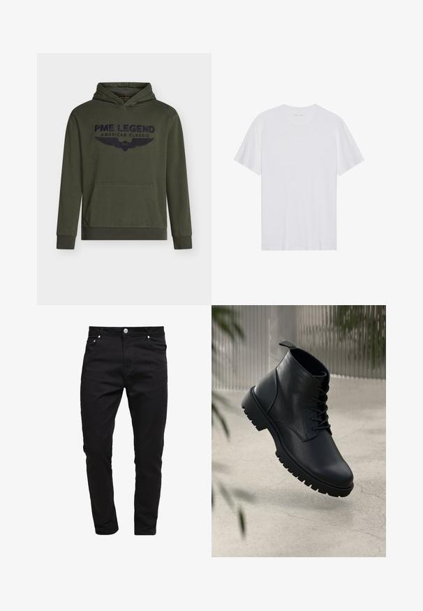 Sudadera con capucha de color verde oliva, confeccionada en algodón, con bolsillo canguro delantero y logo bordado en azul marino con alas. Puños y dobladillo acanalados.; Camiseta de algodón blanca con mangas cortas, cuello redondo y una textura suave. Presenta una marca mínima en el escote.; Jeans negros de tela de mezclilla, diseño ajustado, estilo de cinco bolsillos, cierre de botón metálico, con detalles de costura y una textura suave.; Botas de cuero negro hasta el tobillo con punta redondeada, diseño de cordones y suela de goma resistente. Textura suave con una pestaña en la parte posterior.