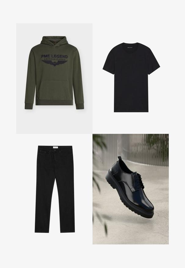 Sudadera con capucha de color verde oliva, confeccionada en algodón, con bolsillo canguro delantero y logo bordado en azul marino con alas. Puños y dobladillo acanalados.; Camiseta de algodón negra con mangas cortas y escote redondo. La tela tiene una textura suave y un diseño simple y sólido.; Jeans negros de pierna recta con diseño de cinco bolsillos, cierre de botón y cremallera, y etiqueta de la marca Pier One en la cinturilla.; Zapato de cuero negro con un acabado brillante, puntera redonda, diseño de cordones, costuras de contraste y una suela de goma gruesa con patrones de tracción.