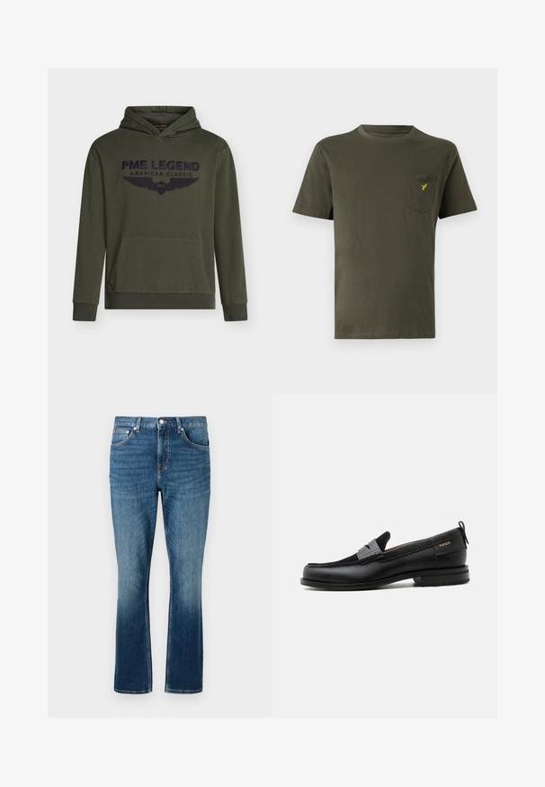 Sudadera con capucha de color verde oliva, confeccionada en algodón, con bolsillo canguro delantero y logo bordado en azul marino con alas. Puños y dobladillo acanalados.; Camiseta de algodón verde oliva con cuello redondo, mangas cortas y un bolsillo en el pecho izquierdo que presenta un pequeño logo amarillo. Textura suave.; Jeans de mezclilla azul con un diseño de pierna recta, que presentan un degradado de claro a oscuro, bolsillos frontales y cierre de botón metálico.; Mocasín de cuero negro con detalle de tira gris, tacón bajo y suela texturizada, con la marca "HUGO" en oro en el lateral.