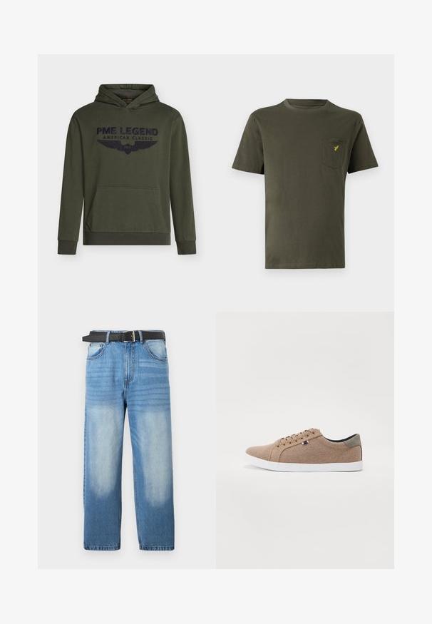 Olivgrüner Kapuzenpullover aus Baumwolle, mit einer Kängurutasche vorne und einem marineblauen, gestickten Logo mit Flügeln. Gerippte Ärmelbündchen und Saum.; Olivegrünes Baumwoll-T-Shirt mit Rundhalsausschnitt, kurzen Ärmeln und einer linken Brusttasche, die mit einem kleinen gelben Logo versehen ist. Glatte Textur.; Hellblaue Denim-Jeans mit geradem Bein, ausgestattet mit einem schwarzen Gürtel, ausgewaschenen Stellen und subtiler diagonaler Textur im oberen Bereich.; Beige Leinensneaker mit einem Low-Top-Design, weißer Gummisohle und runden Schnürsenkeln. Mit kontrastierenden grauen Akzenten an der Ferse und einem Logo-Detail.