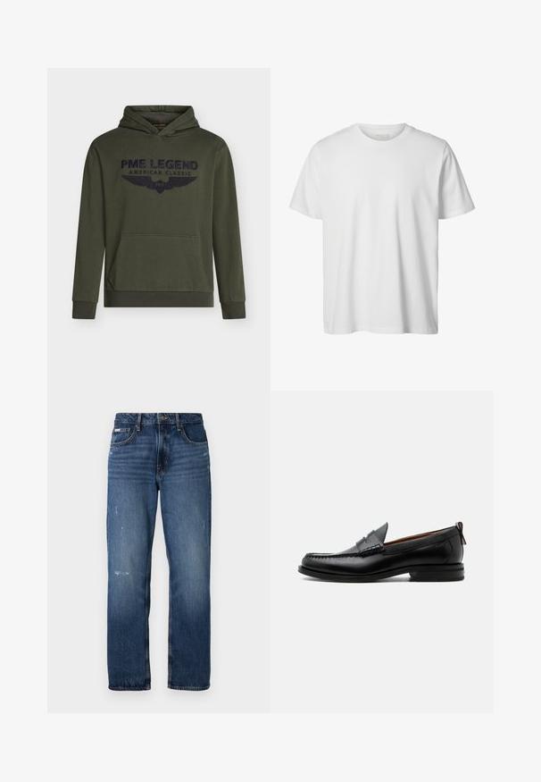 Sudadera con capucha de color verde oliva, confeccionada en algodón, con bolsillo canguro delantero y logo bordado en azul marino con alas. Puños y dobladillo acanalados.; Camiseta blanca lisa de manga corta con cuello redondo, corte holgado y sin logos o diseños visibles en el frente.; Jeans de mezclilla azul con diseño de pierna recta. Presentan áreas desgastadas y ligero distress en la parte frontal, con un cierre clásico de botón.; Mocasín de hombre de piel negra con costura moc toe, tira penny, cuello texturizado y tacón bajo apilado sobre fondo blanco.