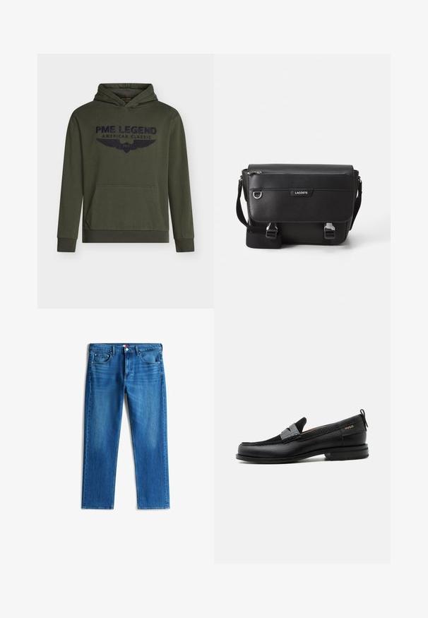 Olivgrüner Kapuzenpullover aus Baumwolle, mit einer Kängurutasche vorne und einem marineblauen, gestickten Logo mit Flügeln. Gerippte Ärmelbündchen und Saum.; Blaue Straight-Leg-Jeans aus Denim mit fünf Taschen, Knopfverschluss und dezentem Verblassen an den vorderen Oberschenkeln.; Schwarzer Lederloafer mit grauem Riemendetail, niedrigem Absatz und strukturierter Sohle, seitlich mit „HUGO“ in Gold gebrandmarkt.; Schwarze, strukturierte Lacoste-Umhängetasche mit verstellbarem Tragegurt, Frontklappe, Reißverschlusstasche und Metallschnallen.