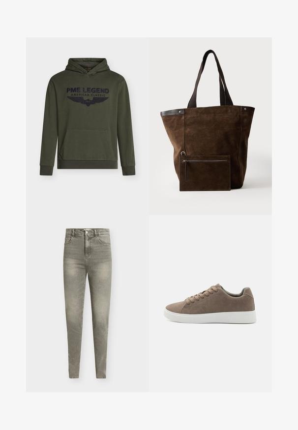 Olivgrüner Kapuzenpullover aus Baumwolle, mit einer Kängurutasche vorne und einem marineblauen, gestickten Logo mit Flügeln. Gerippte Ärmelbündchen und Saum.; Hellgraue Skinny Jeans aus Denim mit hoher Taille, fünf Taschen, leichter Used-Optik und dezentem Ausbleichen im gesamten Stoff.; Braune Wildledersneaker mit flachen weißen Gummisohlen, Schnürdesign, abgerundete Zehen und einer glatten Textur. Minimalistischer Stil mit dezenten Nähdetails.; Dunkelbraune Veloursleder-Tote mit schwarzen Griffen und einem passenden rechteckigen Reißverschlussbeutel, der vorne befestigt ist.