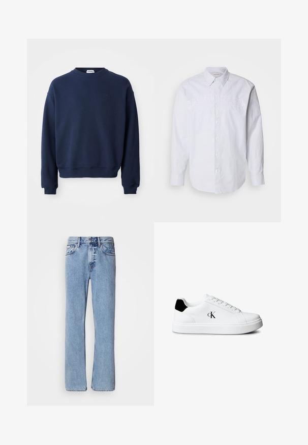 Marineblauwe trui met lange mouwen en ronde hals, geribde boorden en zoom, met een klein ton-sur-ton geborduurd logo op de linkerborst.; Witte lange mouwen shirt van linnen met verticale blauwe strepen, voorzien van een knoopsluiting aan de voorkant en een reliëf "CALVIN KLEIN" logo over de borst.; Lichtblauwe denim jeans met een recht ontwerp, vijf zakken en een knoopsluiting. Stikdetails nabij de zakken en de tailleband.; Witte lage sneaker met zwarte hielstrook en "cK"-logo aan de zijkant, voorzien van witte veters en een dikke witte zool.
