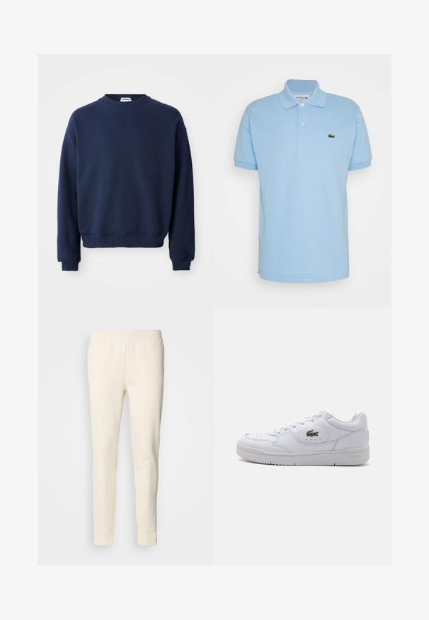 Marineblauwe trui met lange mouwen en ronde hals, geribde boorden en zoom, met een klein ton-sur-ton geborduurd logo op de linkerborst.; Lichtblau shirt met polo-kraag van katoen, met een omgeslagen kraag, drie knopen en een groene geborduurde Lacoste-logo op de linkerborst.; Crème-kleurige joggingsbroek van zachte stof, met een elastische tailleband, taps toelopende benen en afgesloten enkels. Eenvoudig ontwerp zonder patronen.; Witte leren sneakers met een geperforeerde neus en een groen krokodillenlogo aan de buitenkant. Bevat een platte zool en een vetersluiting.