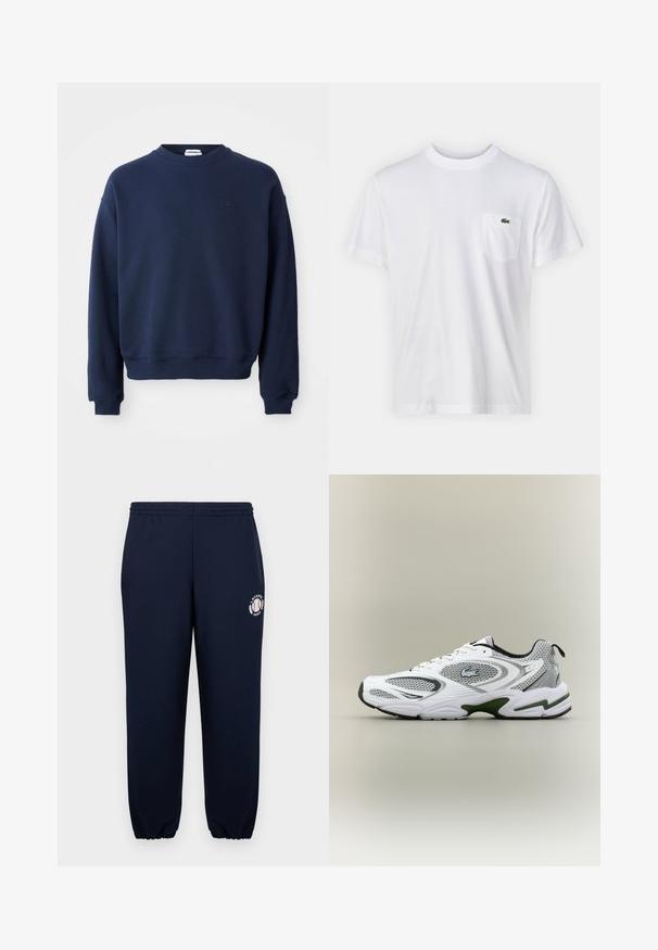 Marineblå langærmet crewneck-sweatshirt med ribbet manchetter og kant, med et lille tonalt broderet logo på venstre bryst.; Hvid bomulds T-shirt med rund halsudskæring og korte ærmer. Har en lomme på venstre bryst og et lille grønt Lacoste-logo.; Mørkeblå sweatpants lavet af blødt bomuld med elastiske manchetter og talje. Har et hvidt Lacoste Paris-logo på venstre ben.; Hvid og grå sporty løbesko med mesh-paneler, grønne detaljer, sorte elementer og et logo på siden, vist fra ydersiden.