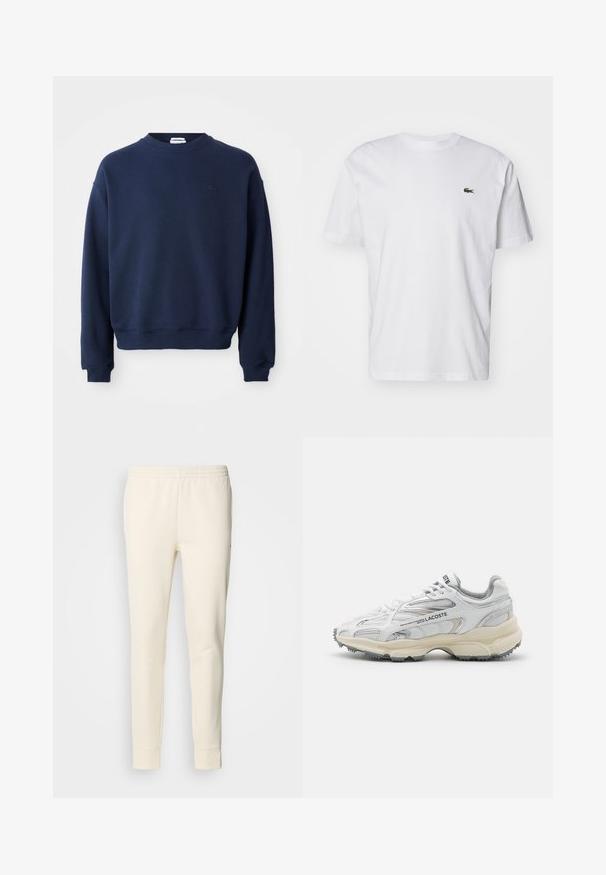 Sudadera azul marino de manga larga con cuello redondo, puños y bajo acanalados, con un pequeño logo tonal bordado en el pecho izquierdo.; Camiseta de algodón blanca con cuello redondo, mangas cortas y un pequeño logotipo bordado en verde en el pecho. Diseño clásico de corte recto.; Pantalones de chándal color crema, hechos de una tela suave, con una cinturilla elástica, piernas ajustadas y tobillos ceñidos. Diseño simple sin patrones.; Zapatillas deportivas blancas con detalles en gris, parte superior de malla y sintético, diseño de cordones, y suela de goma texturizada con patrones de tracción.